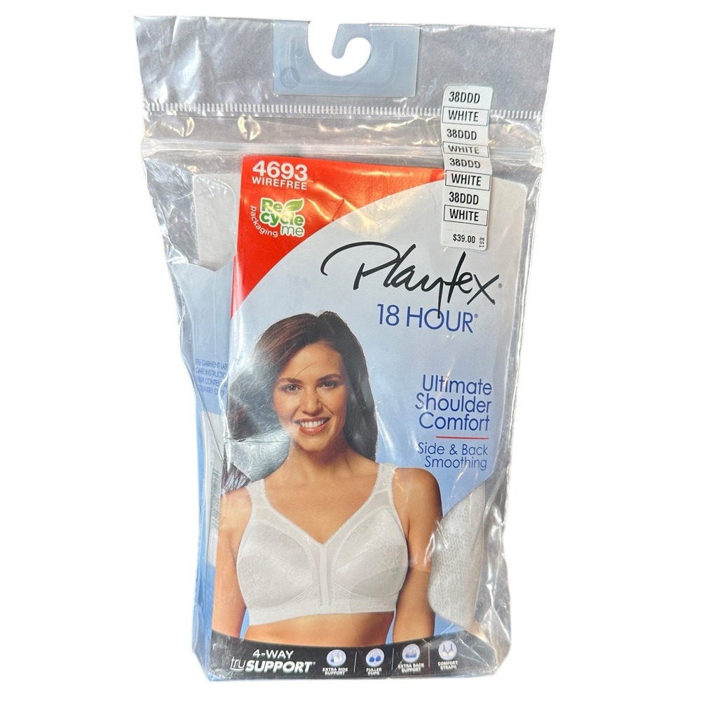 Playtex 18 Hour 4693 Bra 38DDD White Wirefree Ultimate Shoulder Comfort NWT